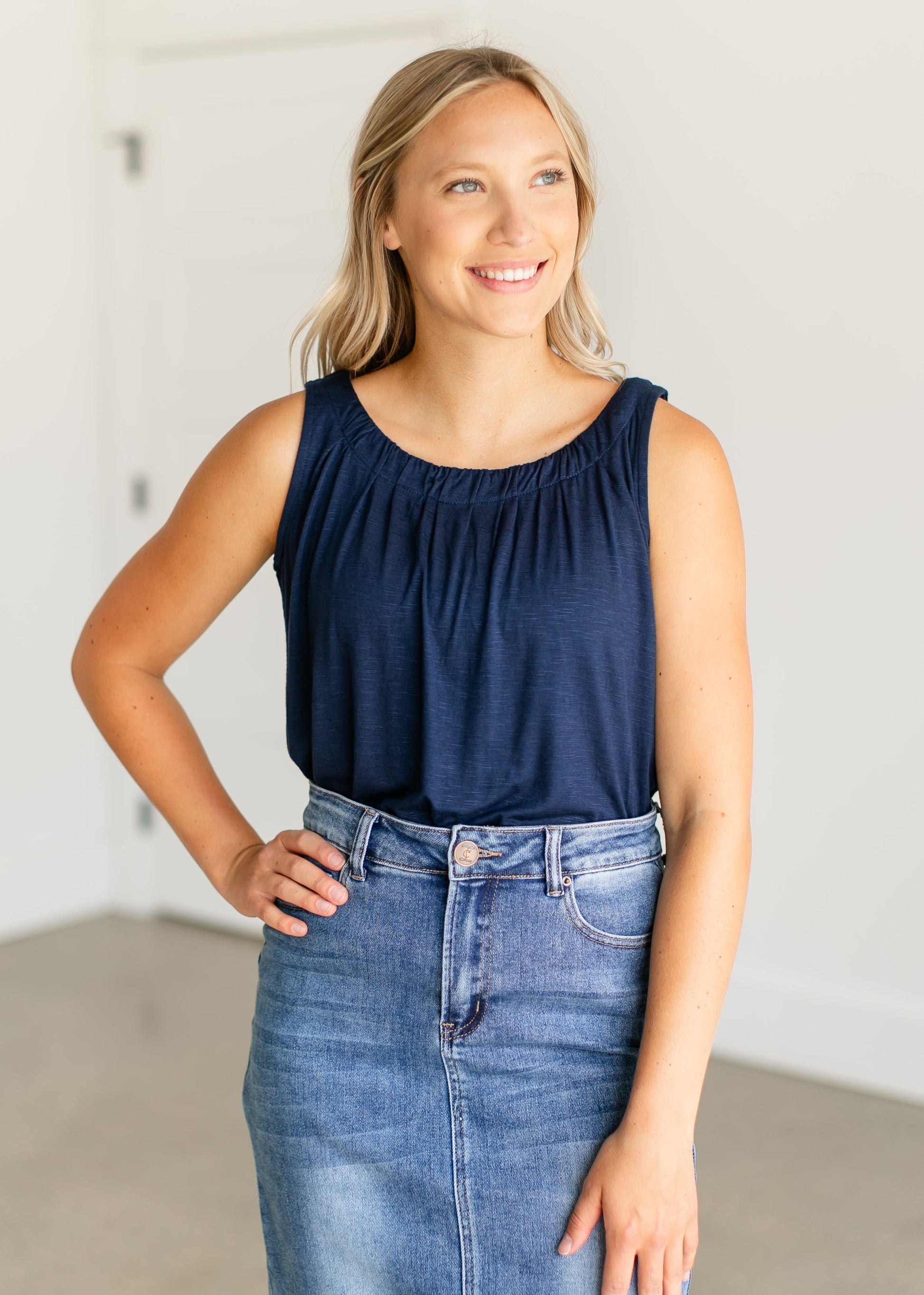 Essential Pleated Neck Layering Tank IC Tops Navy / XS