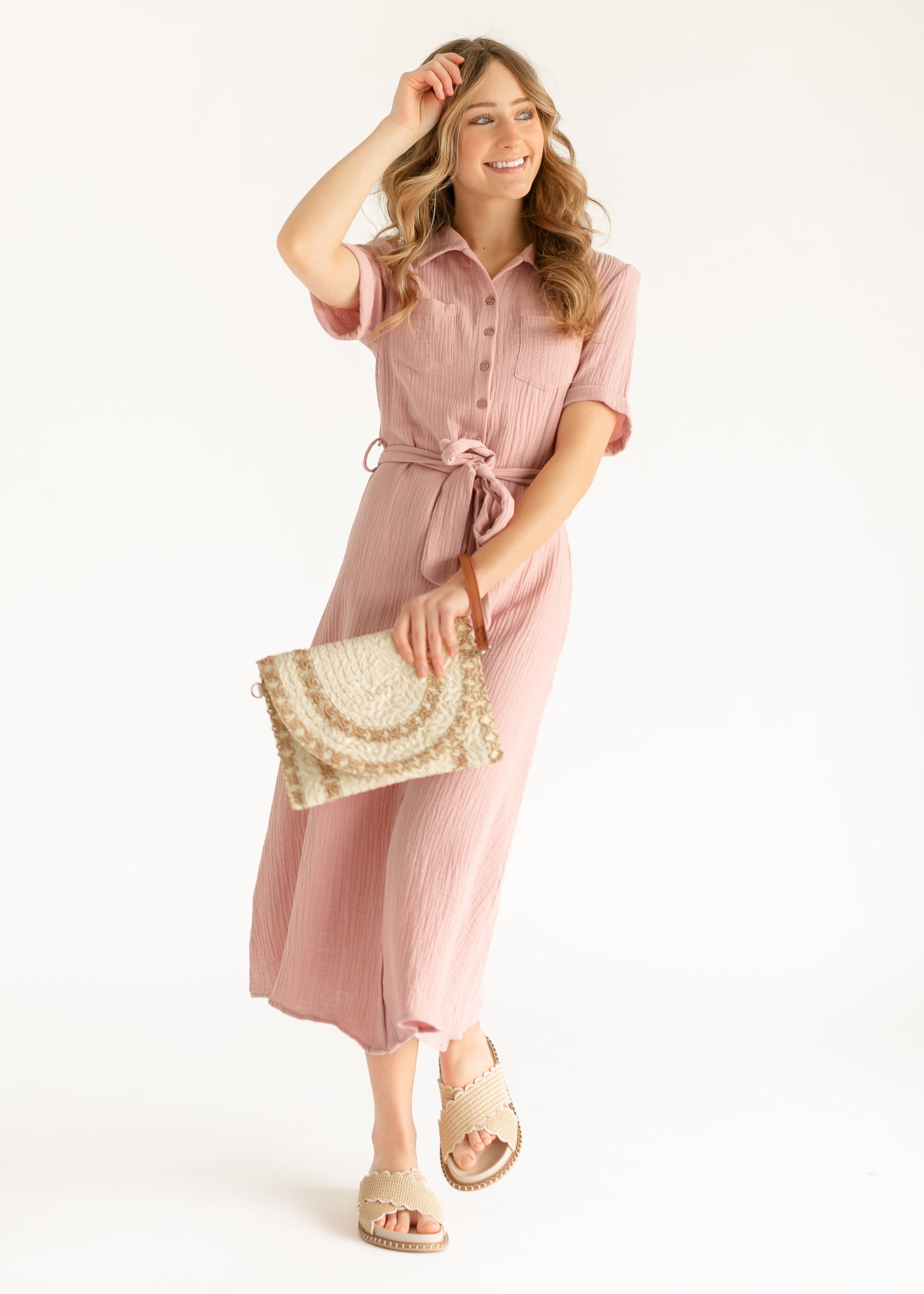 Essential Short Sleeve Gauze Shirt Dress IC Dresses Dusty Rose / XS
