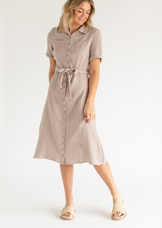 Essential Short Sleeve Gauze Shirt Dress IC Dresses Light Taupe / XS