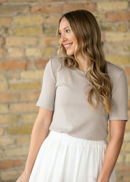 Essential Taupe Ribbed Half Sleeve Tee IC Tops