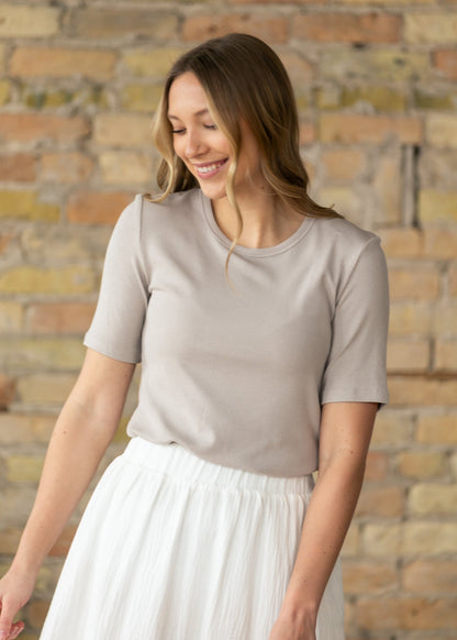 Essential Taupe Ribbed Half Sleeve Tee IC Tops