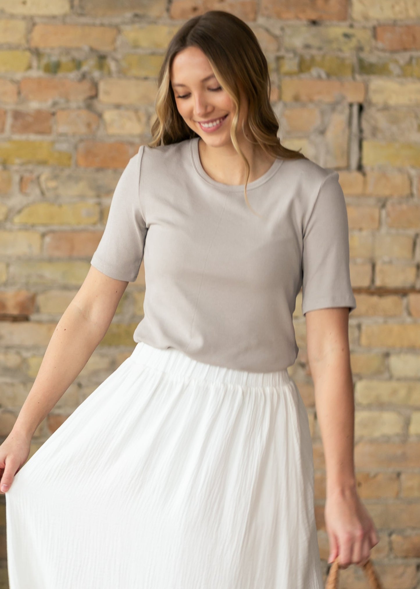 Essential Taupe Ribbed Half Sleeve Tee IC Tops