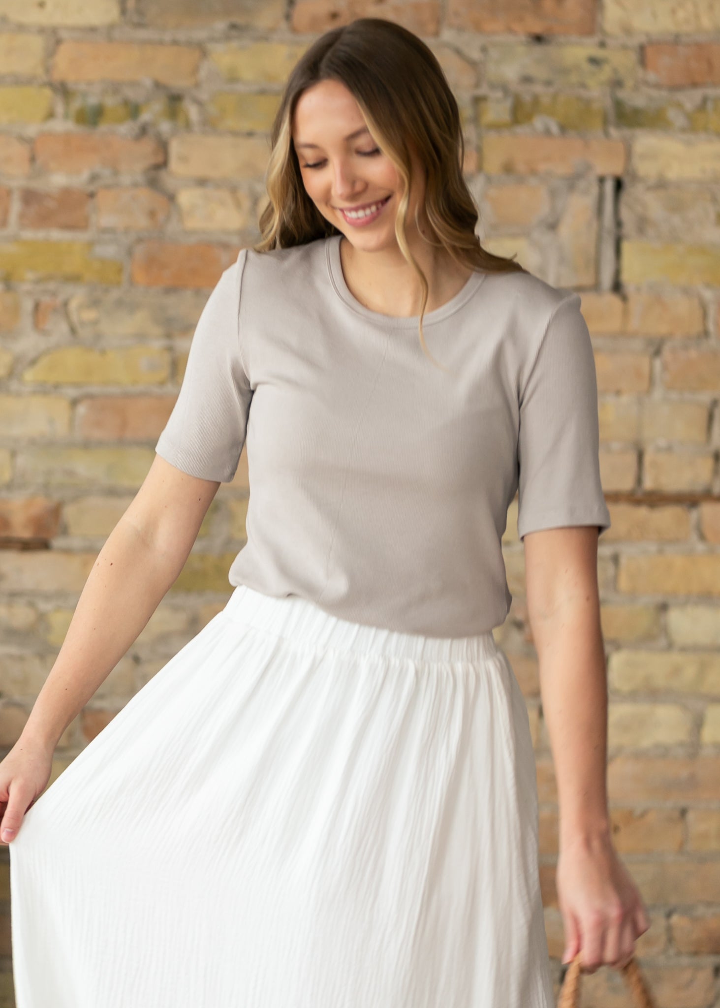 Essential Taupe Ribbed Half Sleeve Tee IC Tops