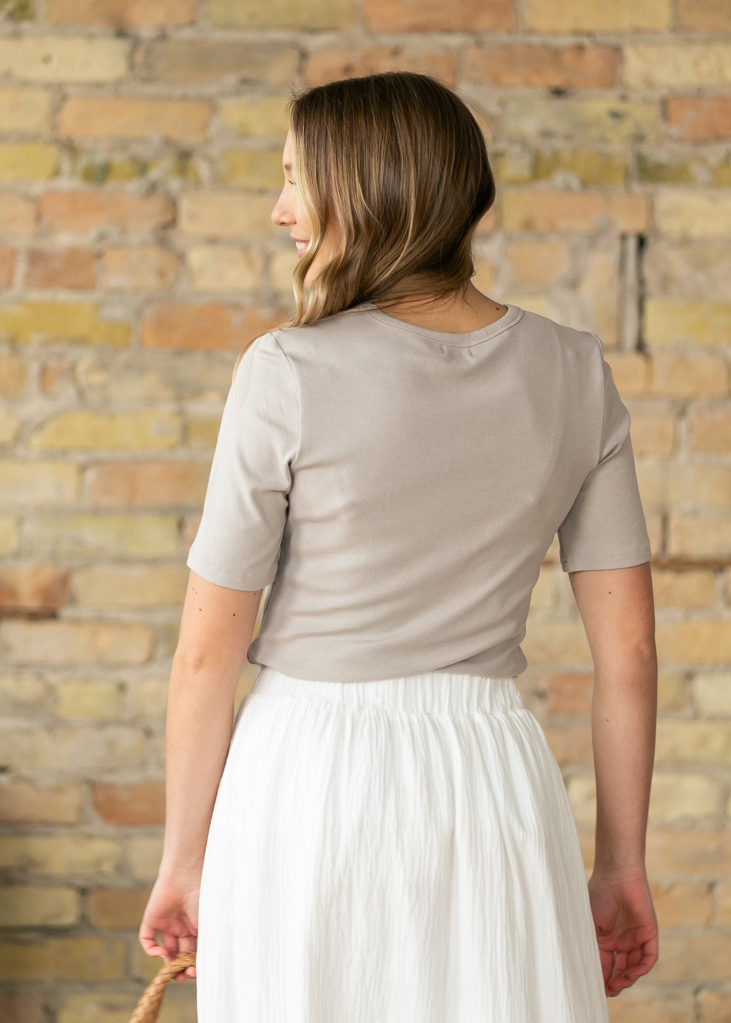 Essential Taupe Ribbed Half Sleeve Tee IC Tops