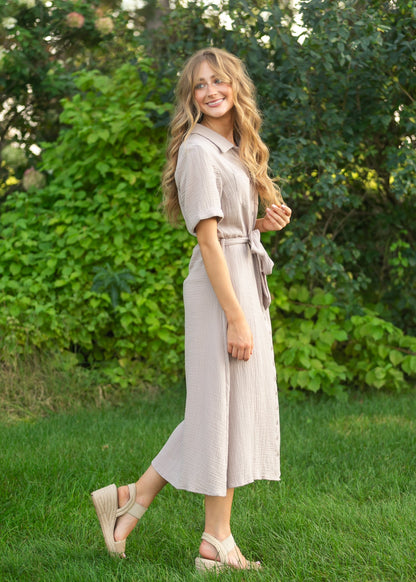 Essential Taupe Short Sleeve Gauze Shirt Dress IC Dresses