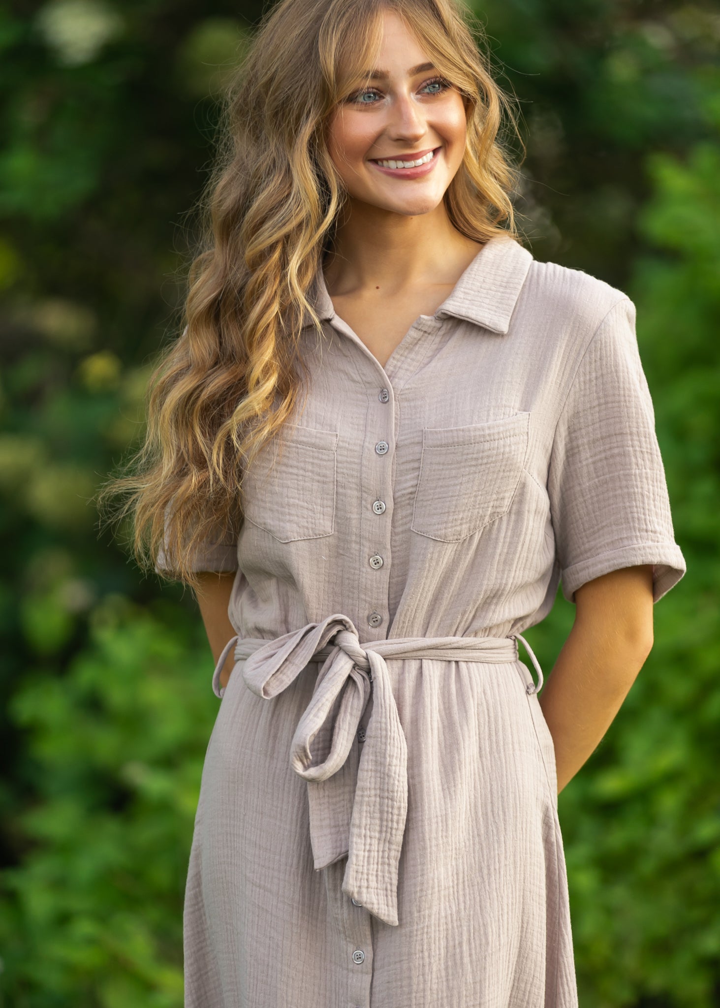 Essential Taupe Short Sleeve Gauze Shirt Dress IC Dresses