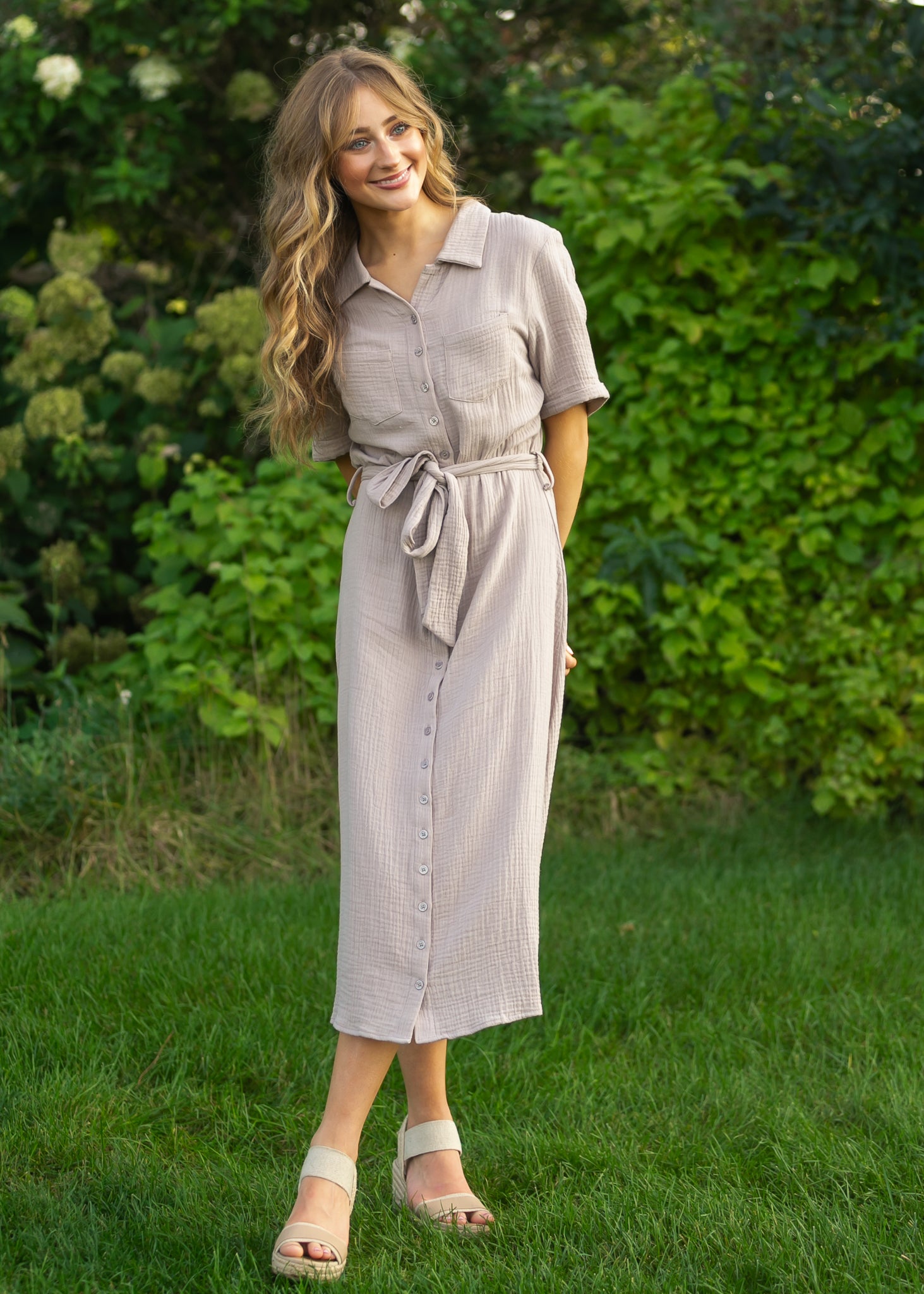 Essential Taupe Short Sleeve Gauze Shirt Dress IC Dresses