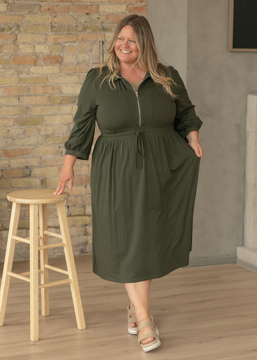 olive green plus size dresses Etta 3/4 Sleeve Zip-up Dress, Large Kids Dress Clipart Images YGroup_iconicoffshoulderdress enhancing fit Color:BRRW
