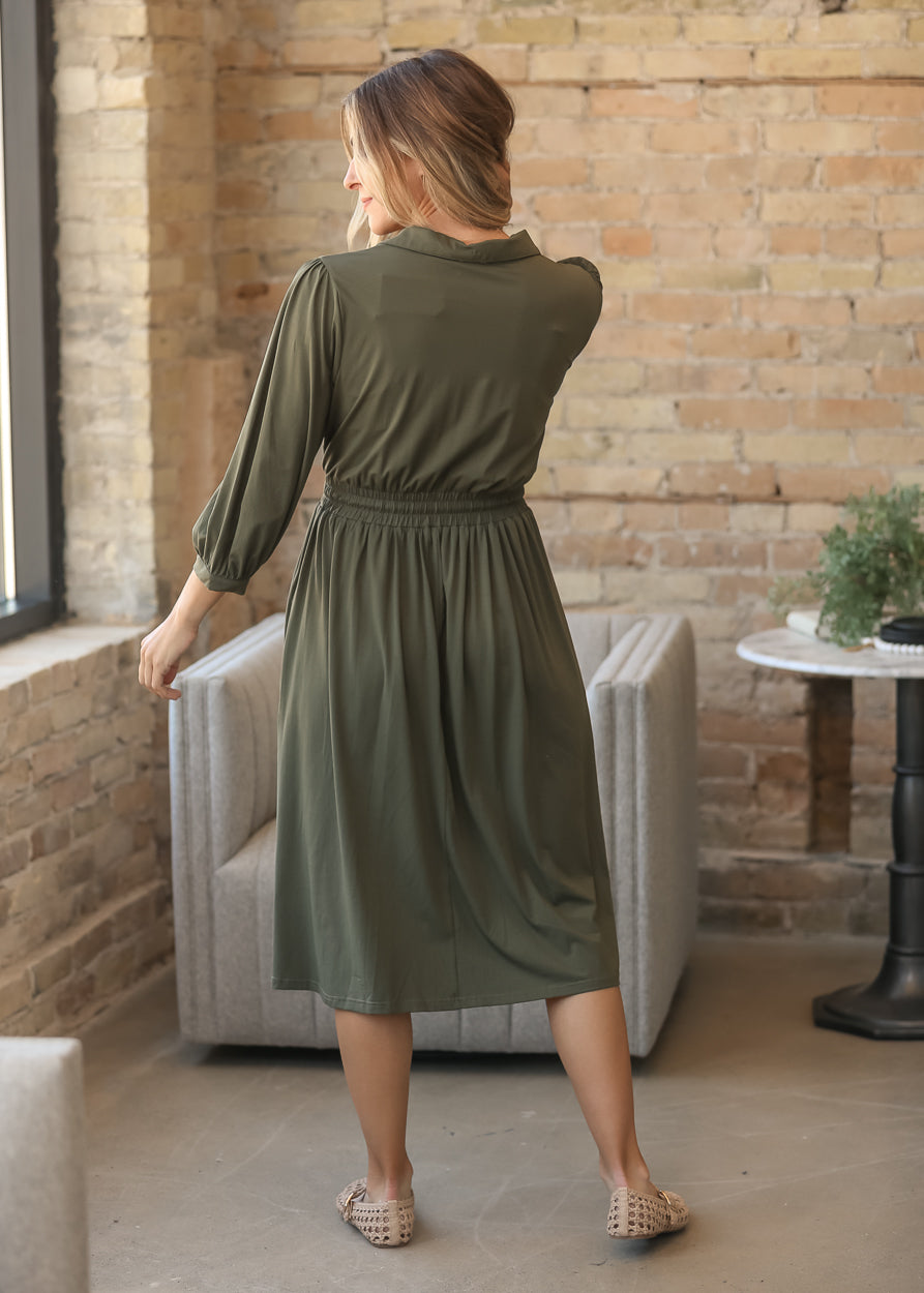 Etta Olive 3/4 Sleeve Zip-up Dress IC Dresses