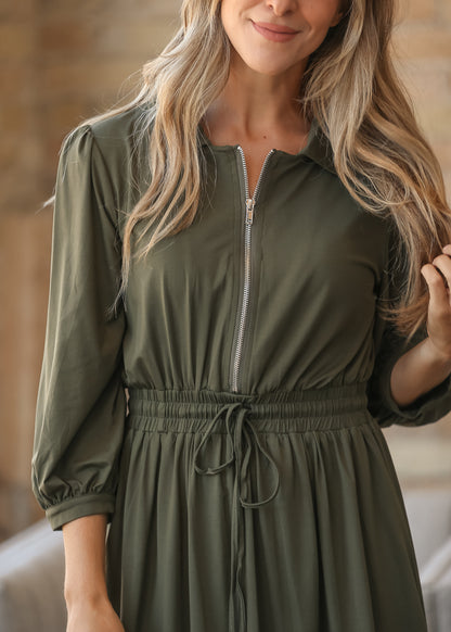 Etta Olive 3/4 Sleeve Zip-up Dress IC Dresses