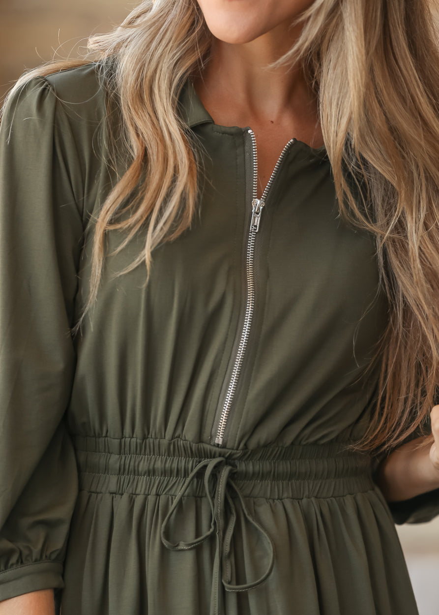 Etta Olive 3/4 Sleeve Zip-up Dress IC Dresses