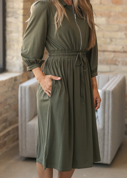 Etta Olive 3/4 Sleeve Zip-up Dress IC Dresses