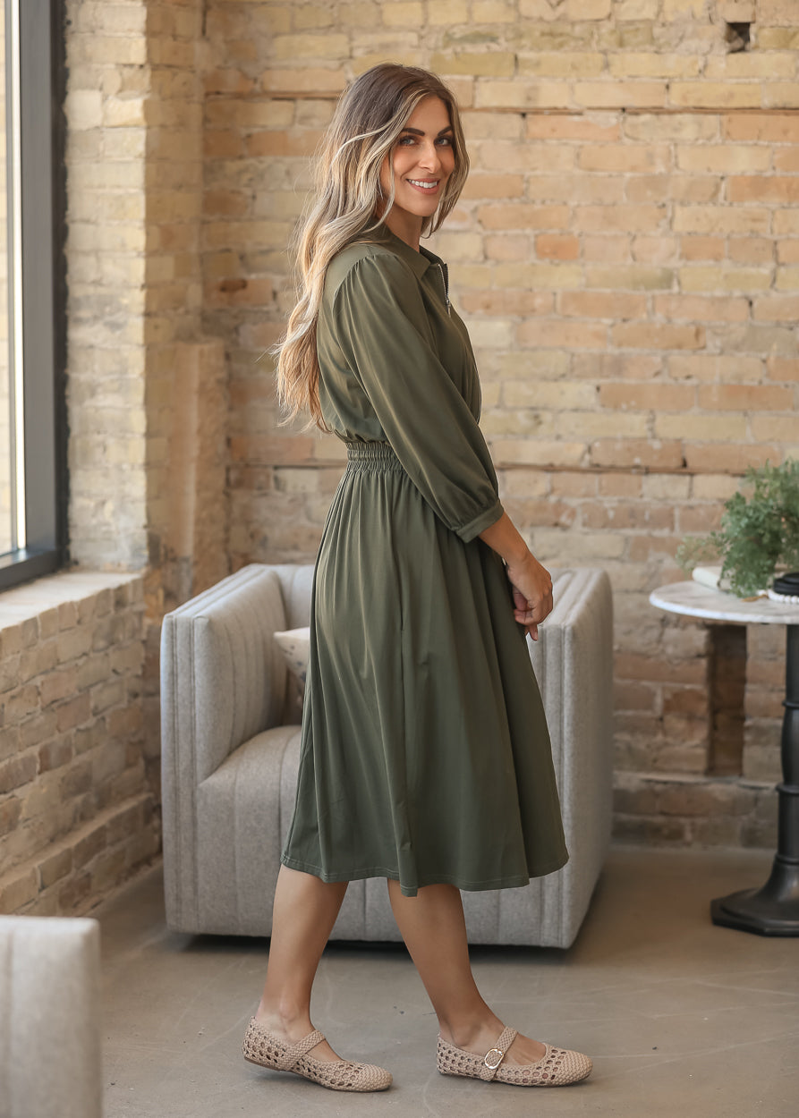 Etta Olive 3/4 Sleeve Zip-up Dress IC Dresses