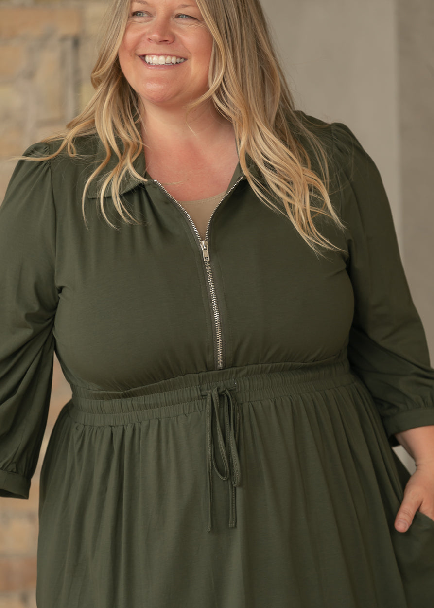 Etta Olive 3/4 Sleeve Zip-up Dress IC Dresses