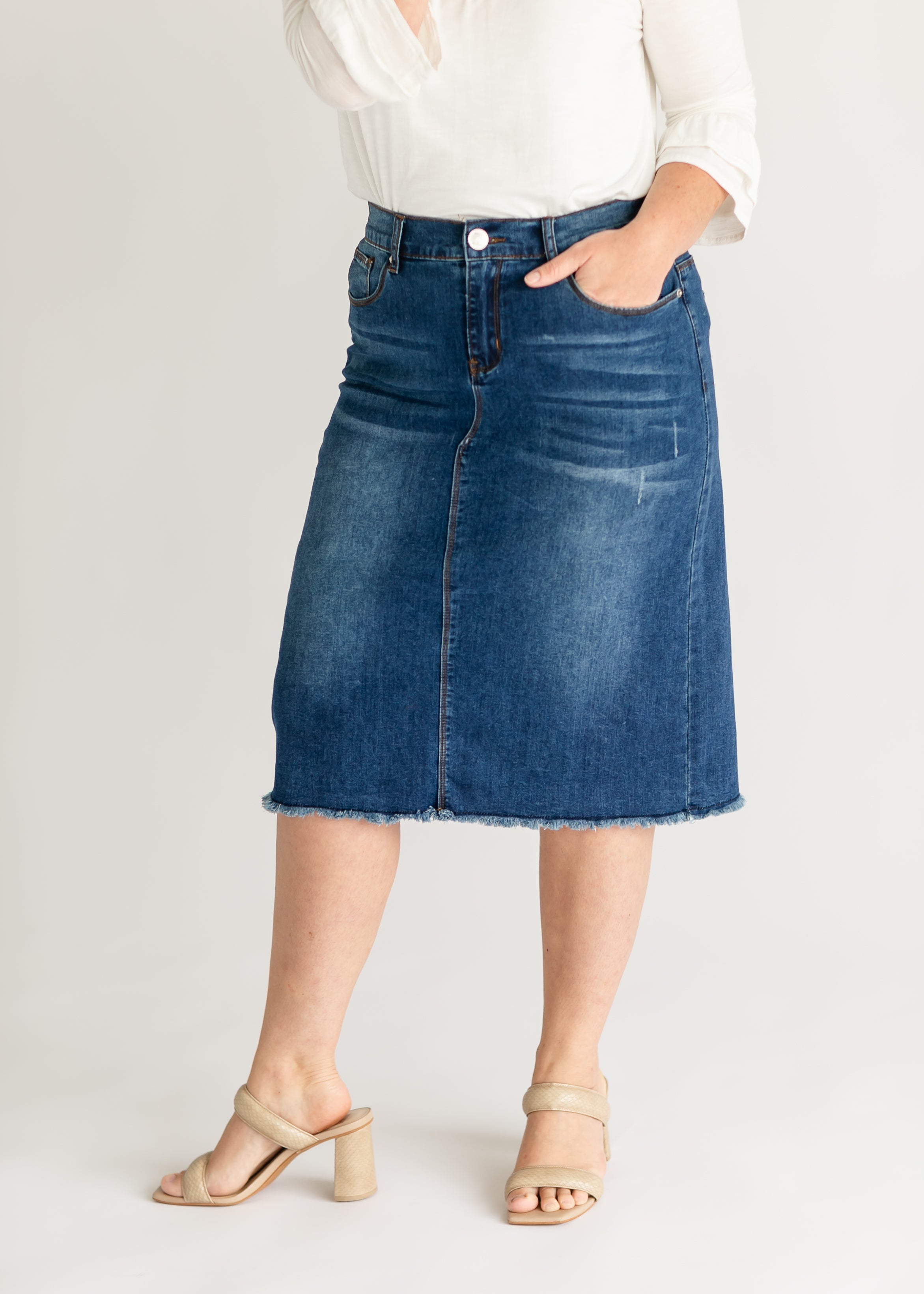 Eva Raw Hem Stitched Midi Skirt – Inherit Co.