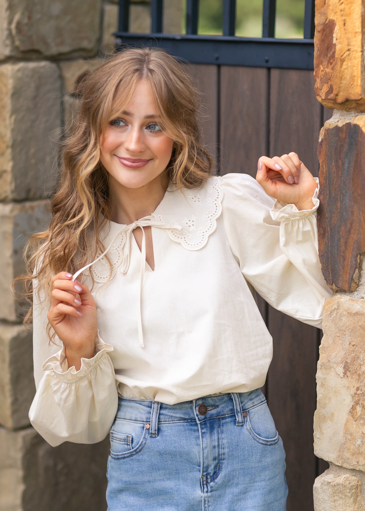 Eyelet Collar Long Sleeve Top FF Tops