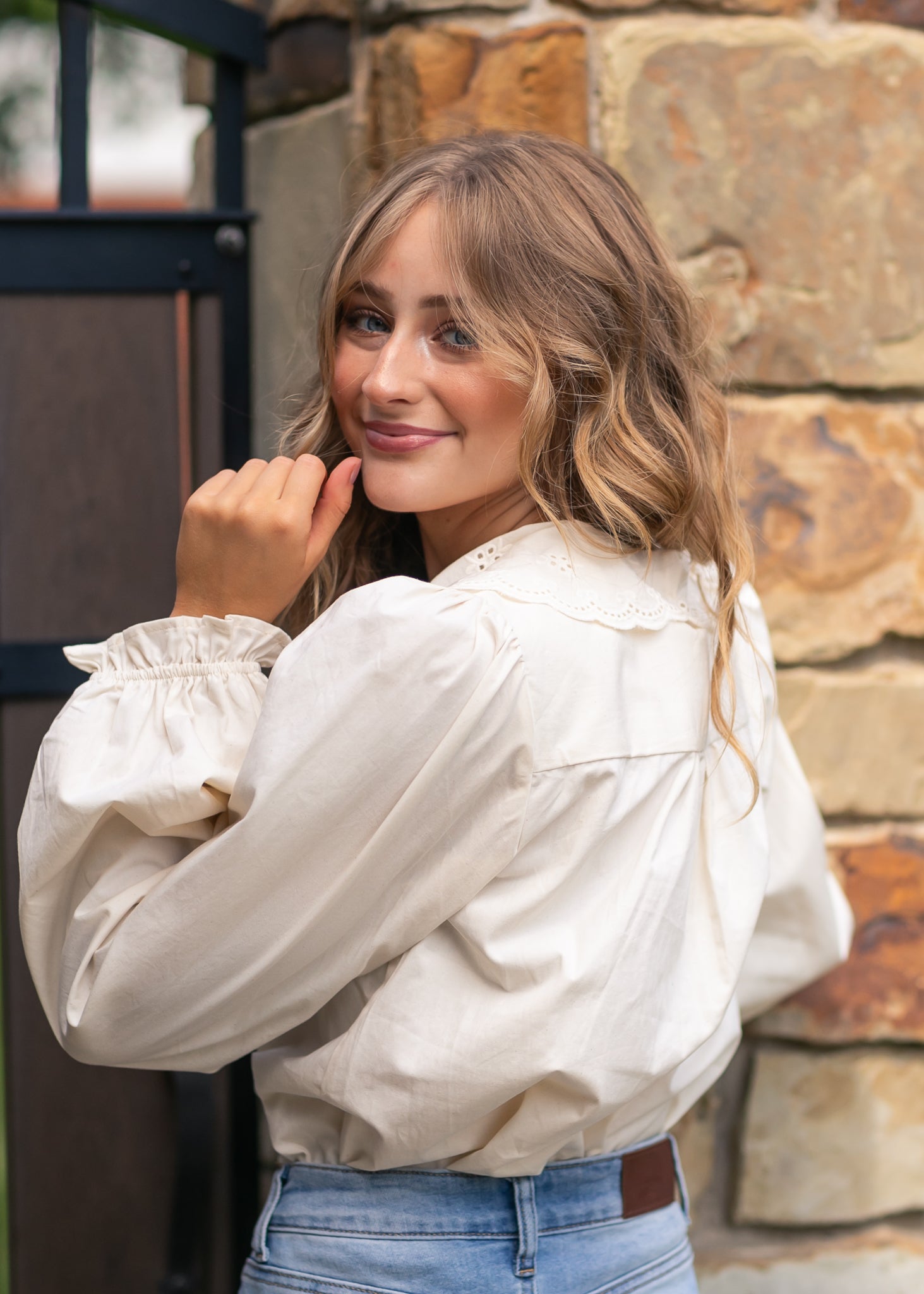 Eyelet Collar Long Sleeve Top FF Tops