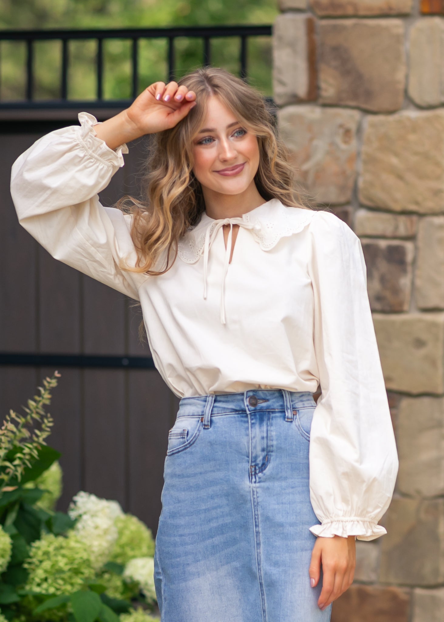 Eyelet Collar Long Sleeve Top FF Tops