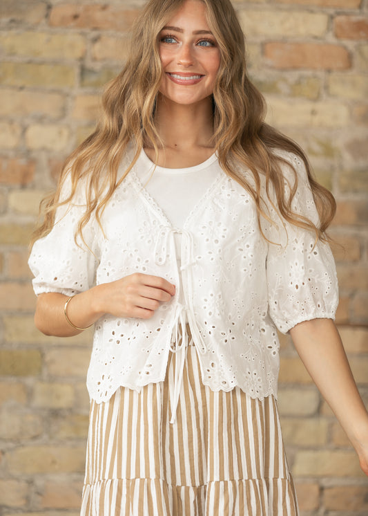 Eyelet Embroidered Front Tie Shirt FF Tops