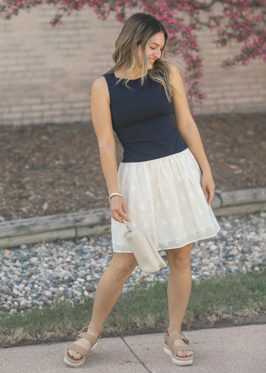 Eyelet Mix Media Boatneck Midi Dress FF Dresses