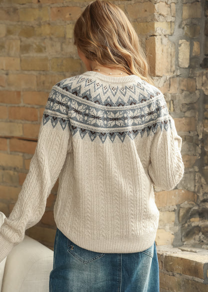 Back view of cream Fair Isle sweater showing blue patterned yoke