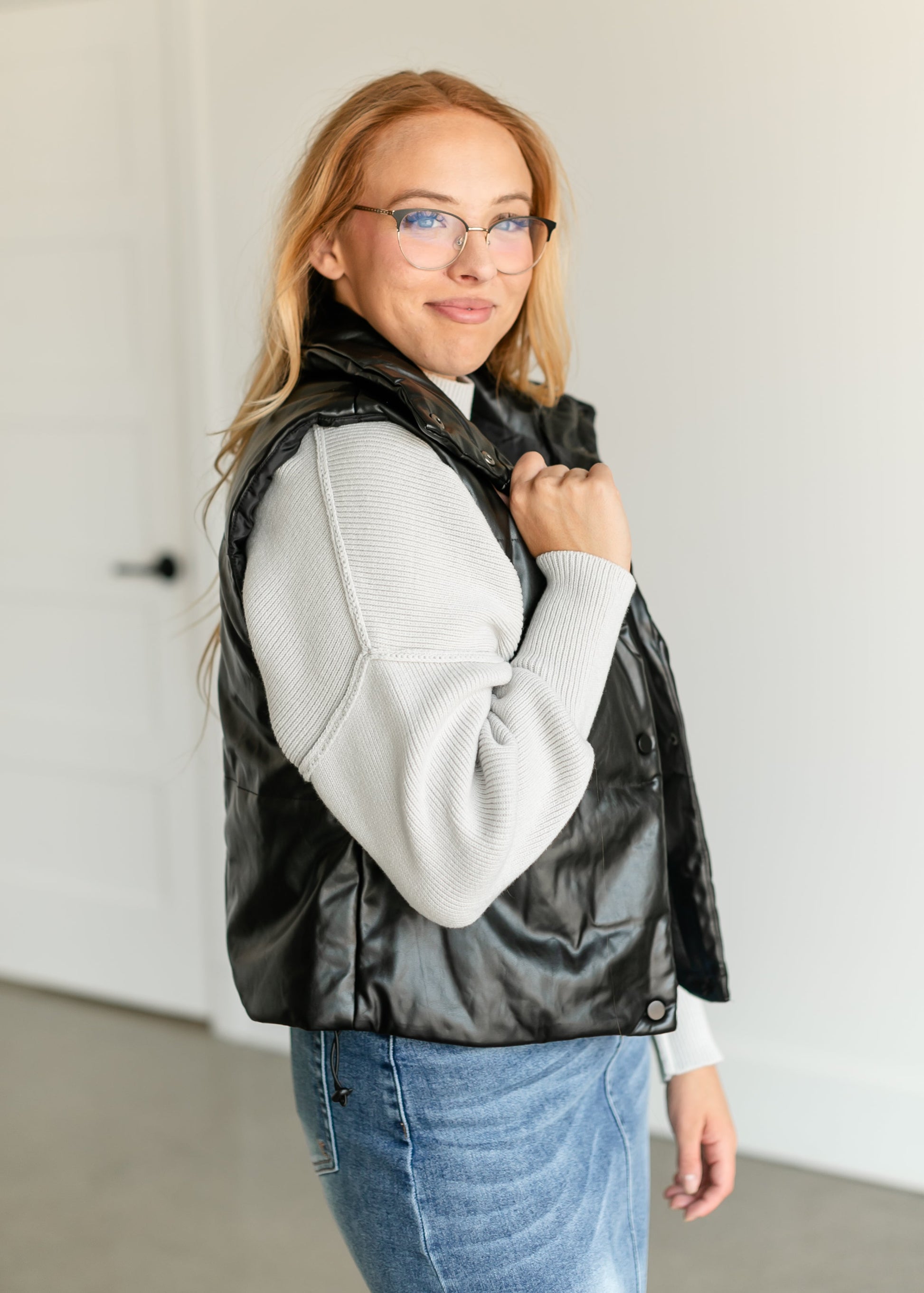 Faux Leather Full Snap Puffer Vest FF Tops