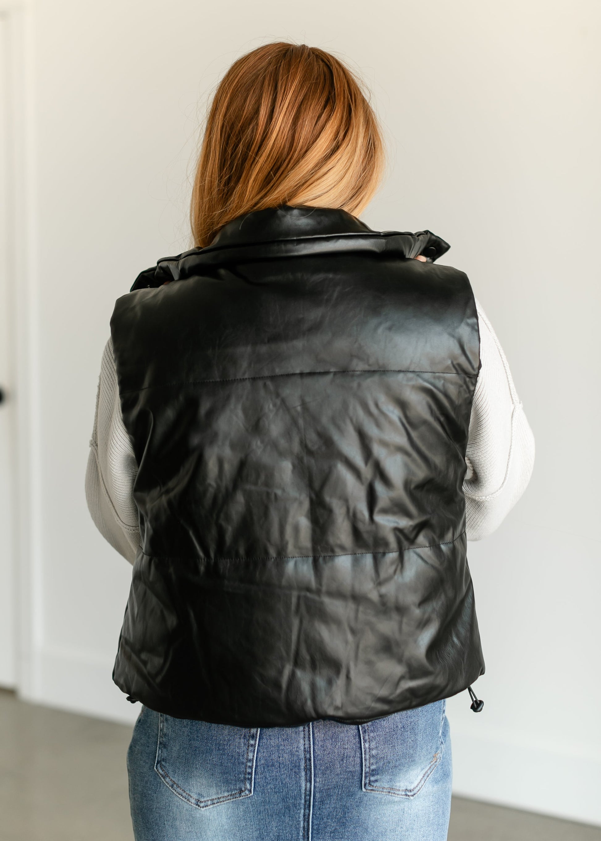 Faux Leather Full Snap Puffer Vest FF Tops