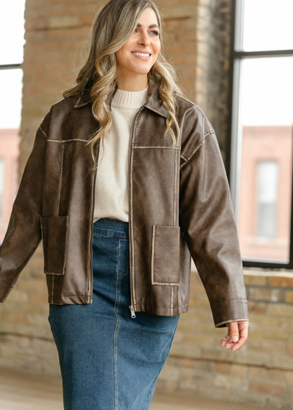 Faux Leather Zip-Up Jacket FF Layering Essentials