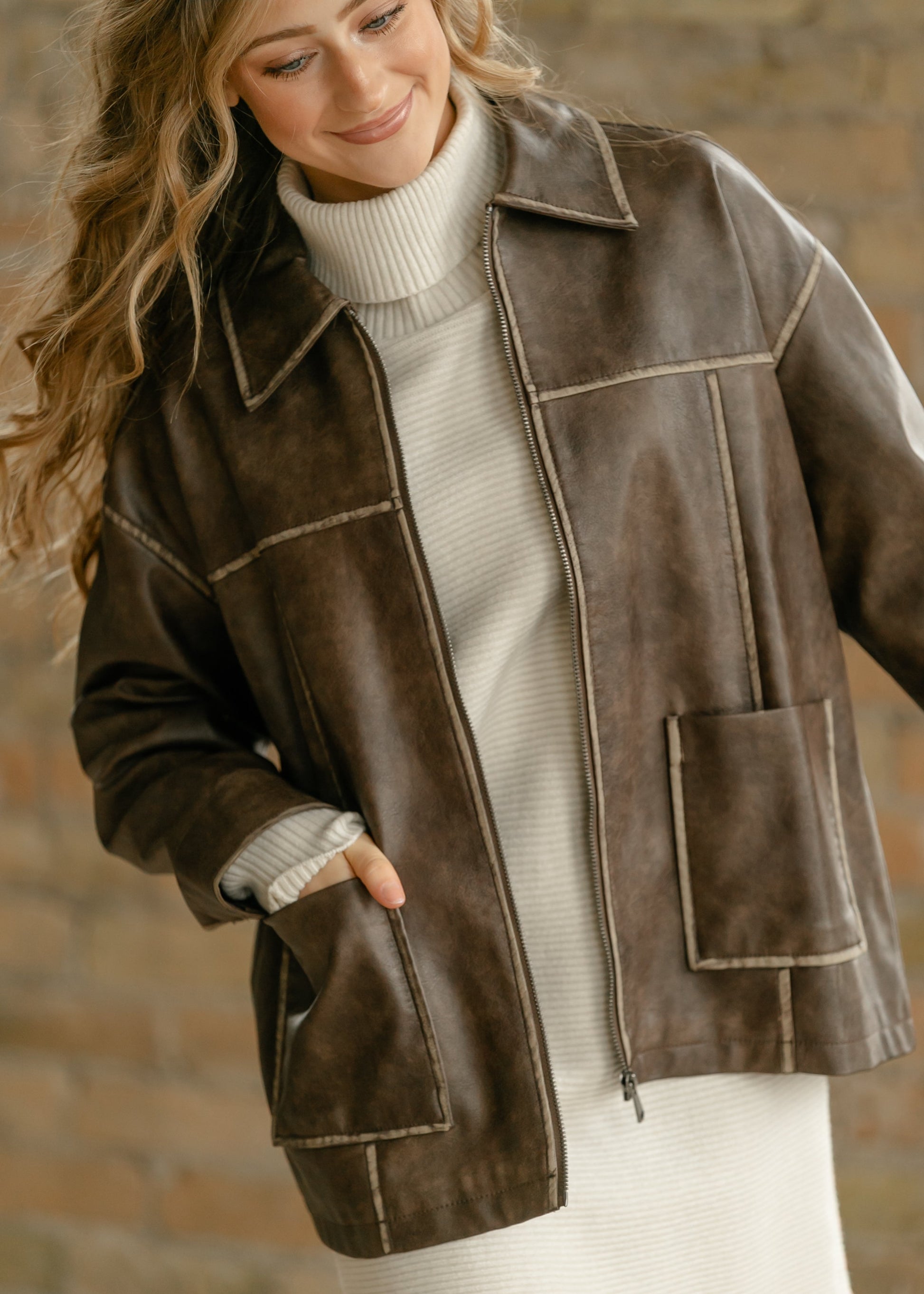 Faux Leather Zip-Up Jacket FF Layering Essentials