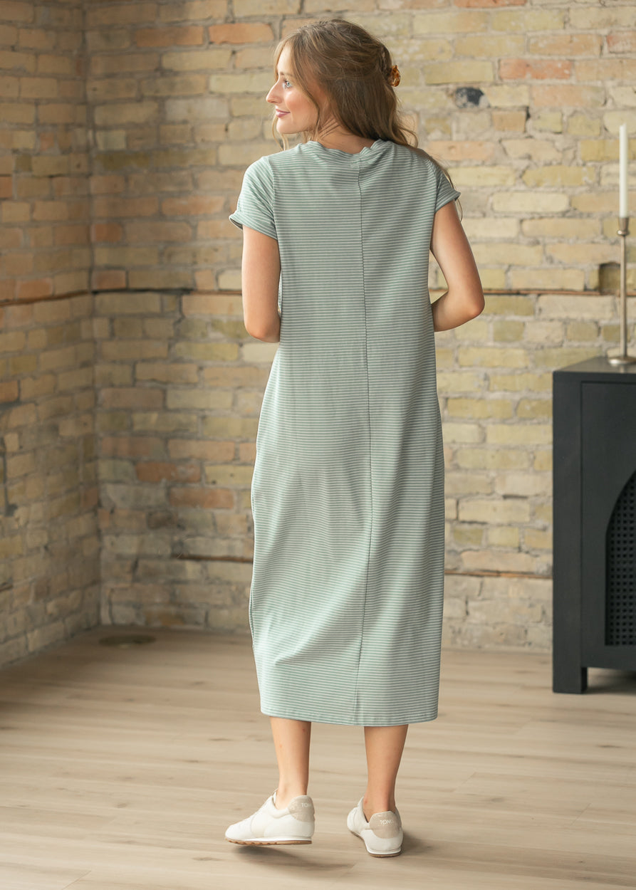 Finley Sage White Stripe T-shirt Midi Dress IC Dresses