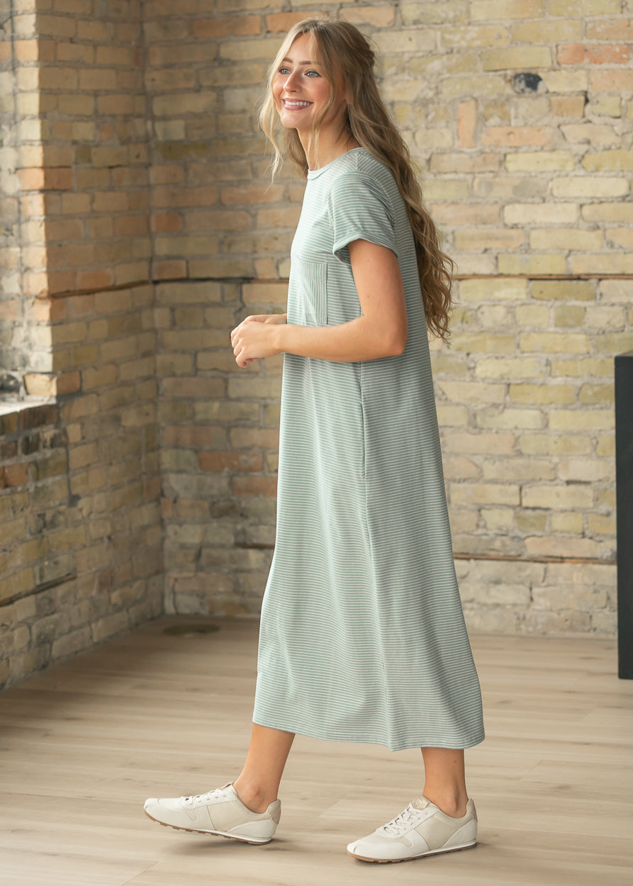 Finley Sage White Stripe T-shirt Midi Dress IC Dresses