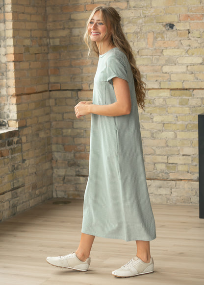Finley Sage White Stripe T-shirt Midi Dress IC Dresses