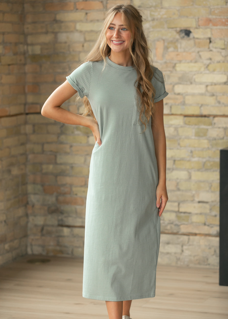 Finley Sage White Stripe T-shirt Midi Dress IC Dresses XS