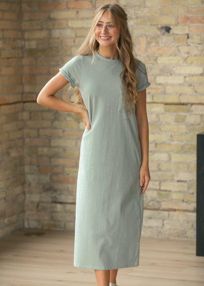 Finley Sage White Stripe T-shirt Midi Dress IC Dresses XS