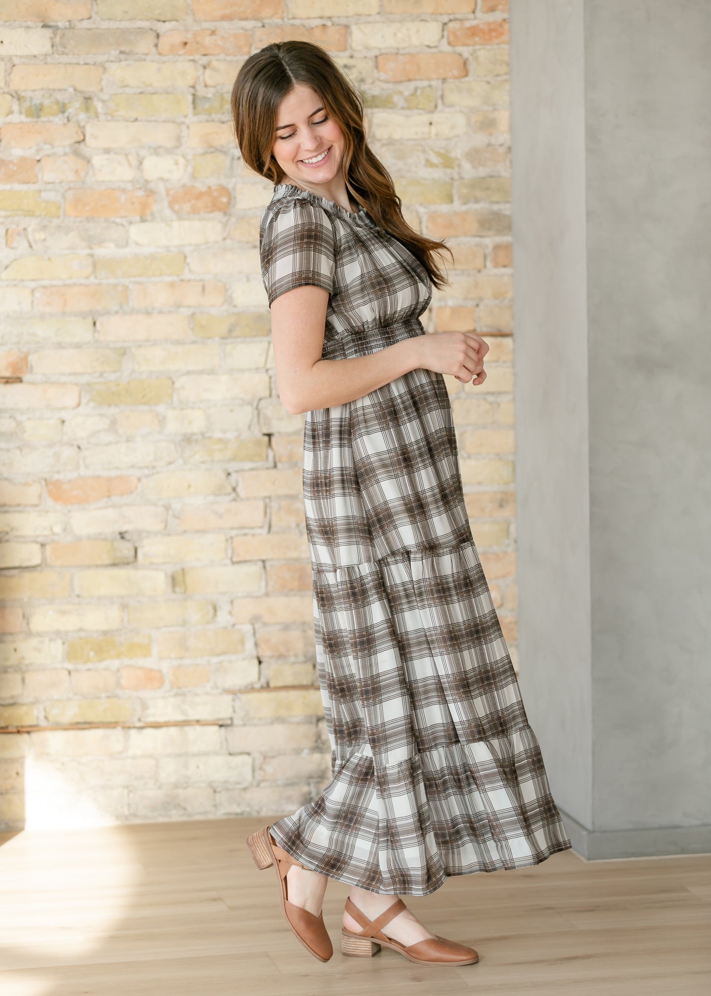 Fiona Brown Plaid Smocked Maxi Dress IC Dresses