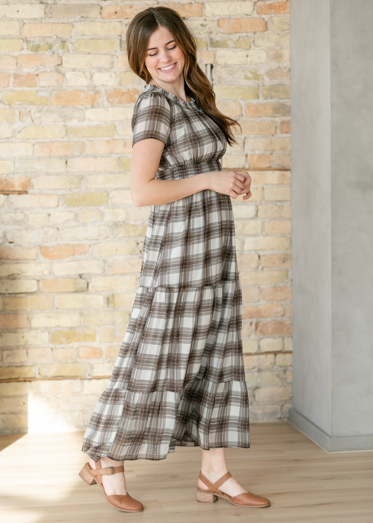 Fiona Brown Plaid Smocked Maxi Dress IC Dresses