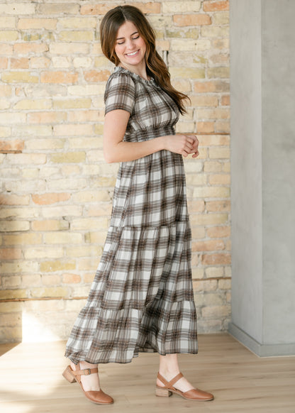 Fiona Brown Plaid Smocked Maxi Dress IC Dresses