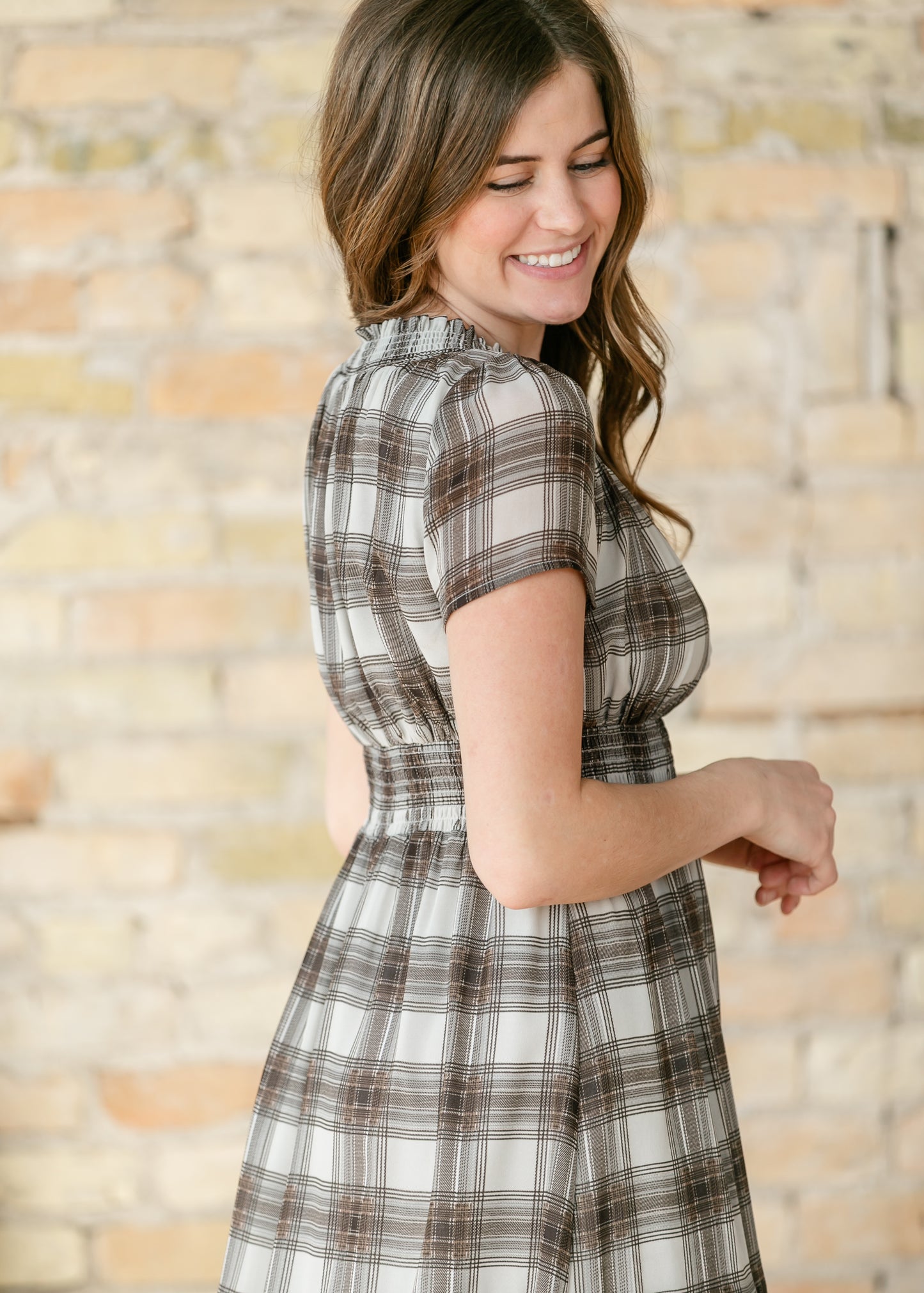 Fiona Brown Plaid Smocked Maxi Dress IC Dresses