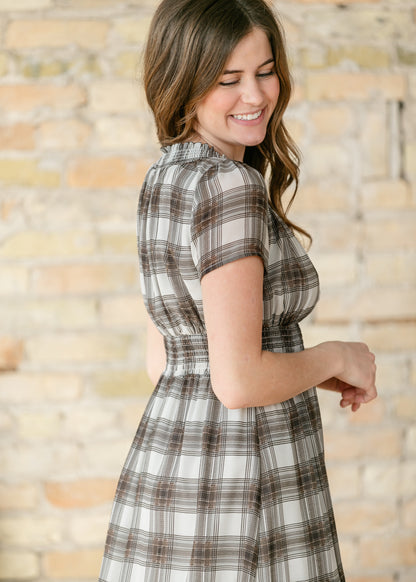 Fiona Brown Plaid Smocked Maxi Dress IC Dresses
