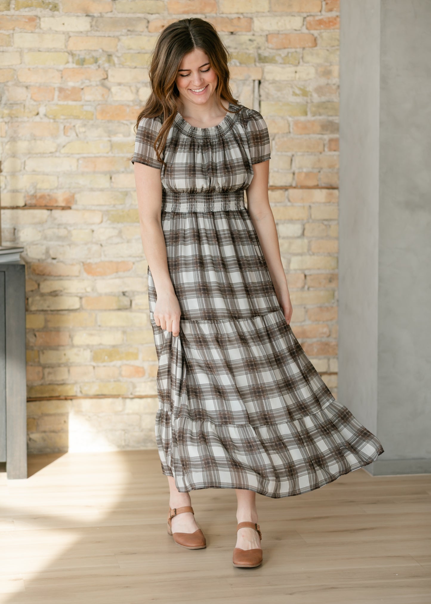 Fiona Brown Plaid Smocked Maxi Dress IC Dresses