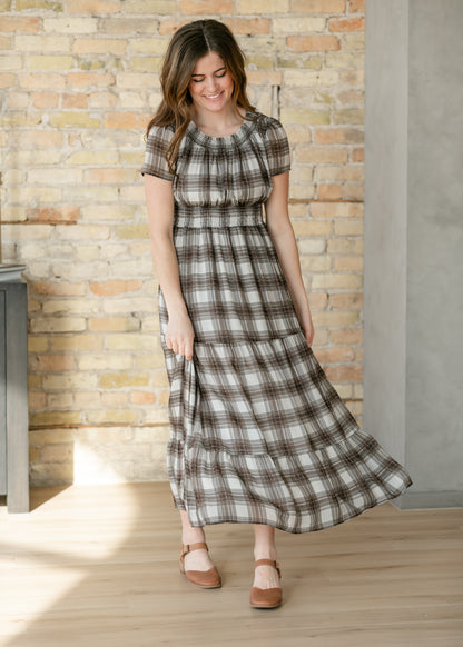 Fiona Brown Plaid Smocked Maxi Dress IC Dresses