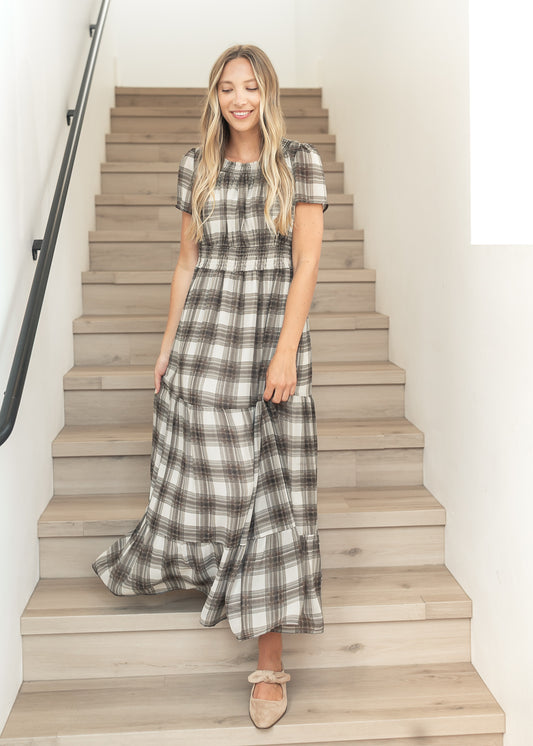 Fiona Brown Plaid Smocked Maxi Dress IC Dresses
