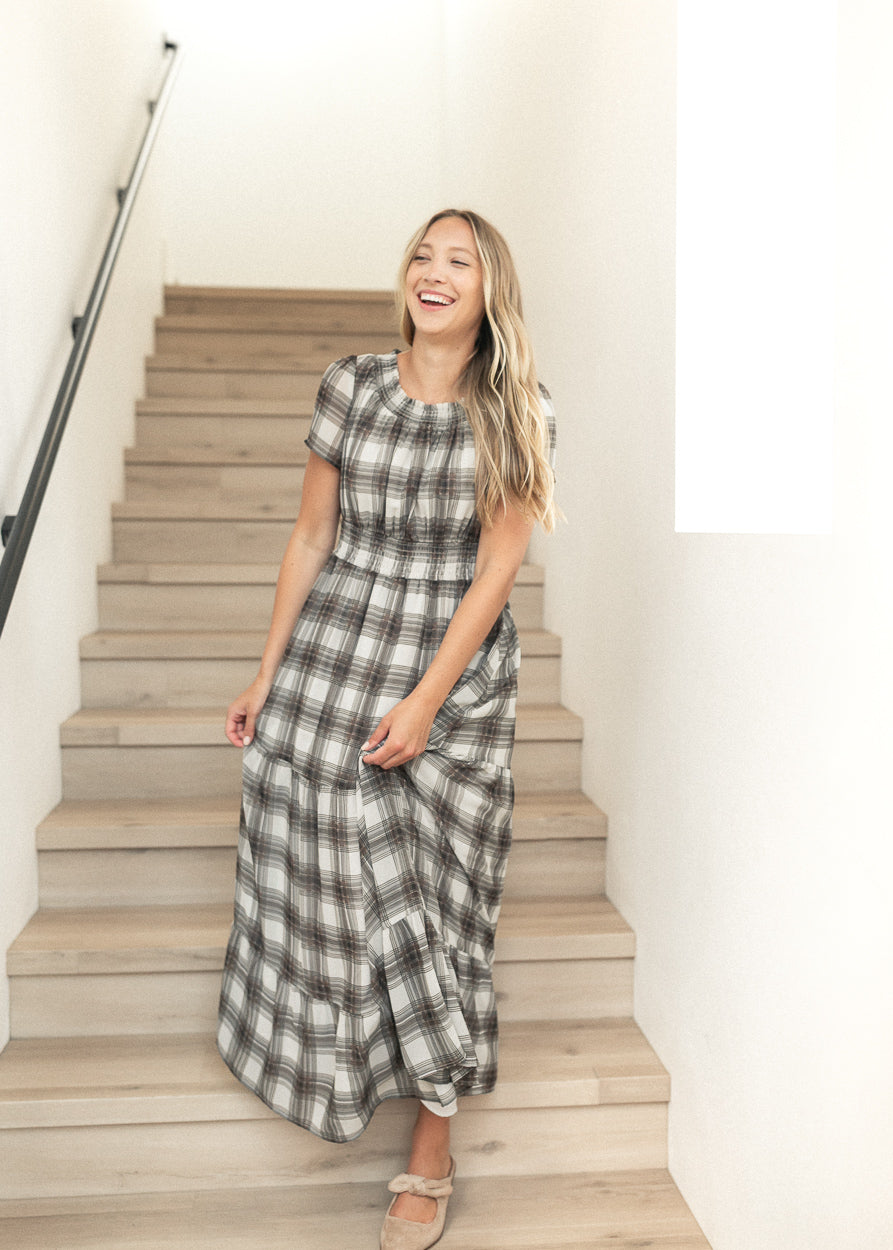 Fiona Brown Plaid Smocked Maxi Dress IC Dresses