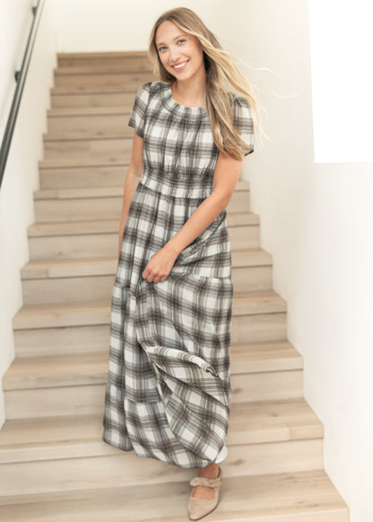 Fiona Brown Plaid Smocked Maxi Dress IC Dresses