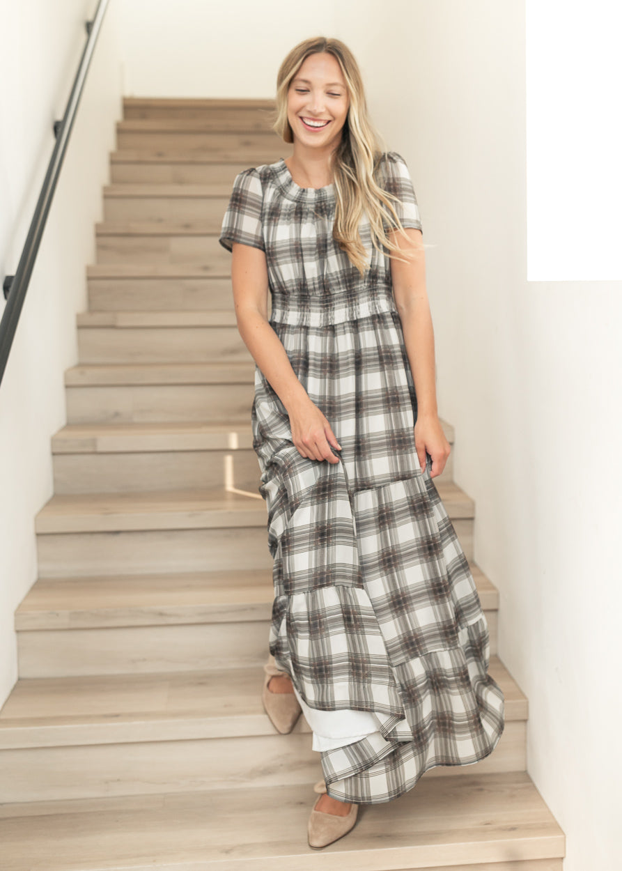 Fiona Brown Plaid Smocked Maxi Dress M