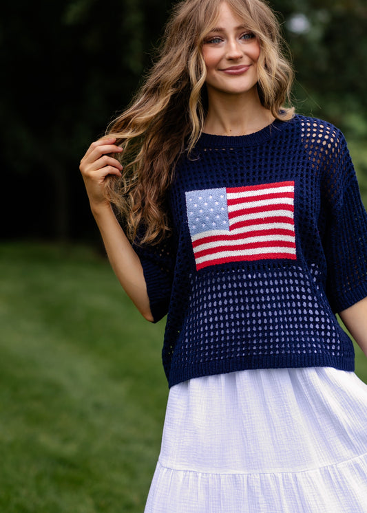 Flag Print Crochet Sweater Top FF Tops