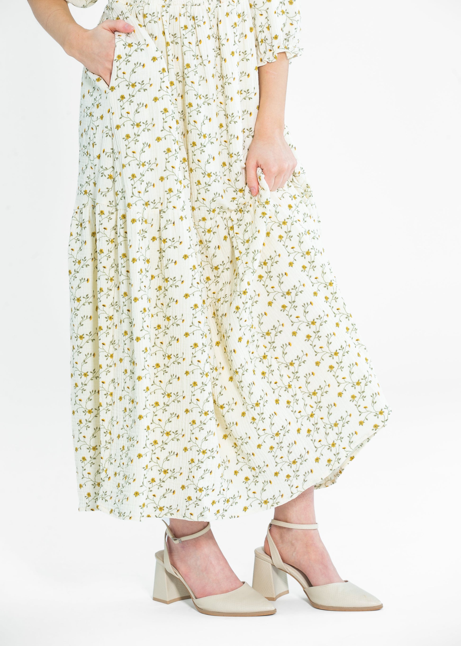 Flora 3/4 Puff Sleeve Smocked Midi Dress IC Dresses