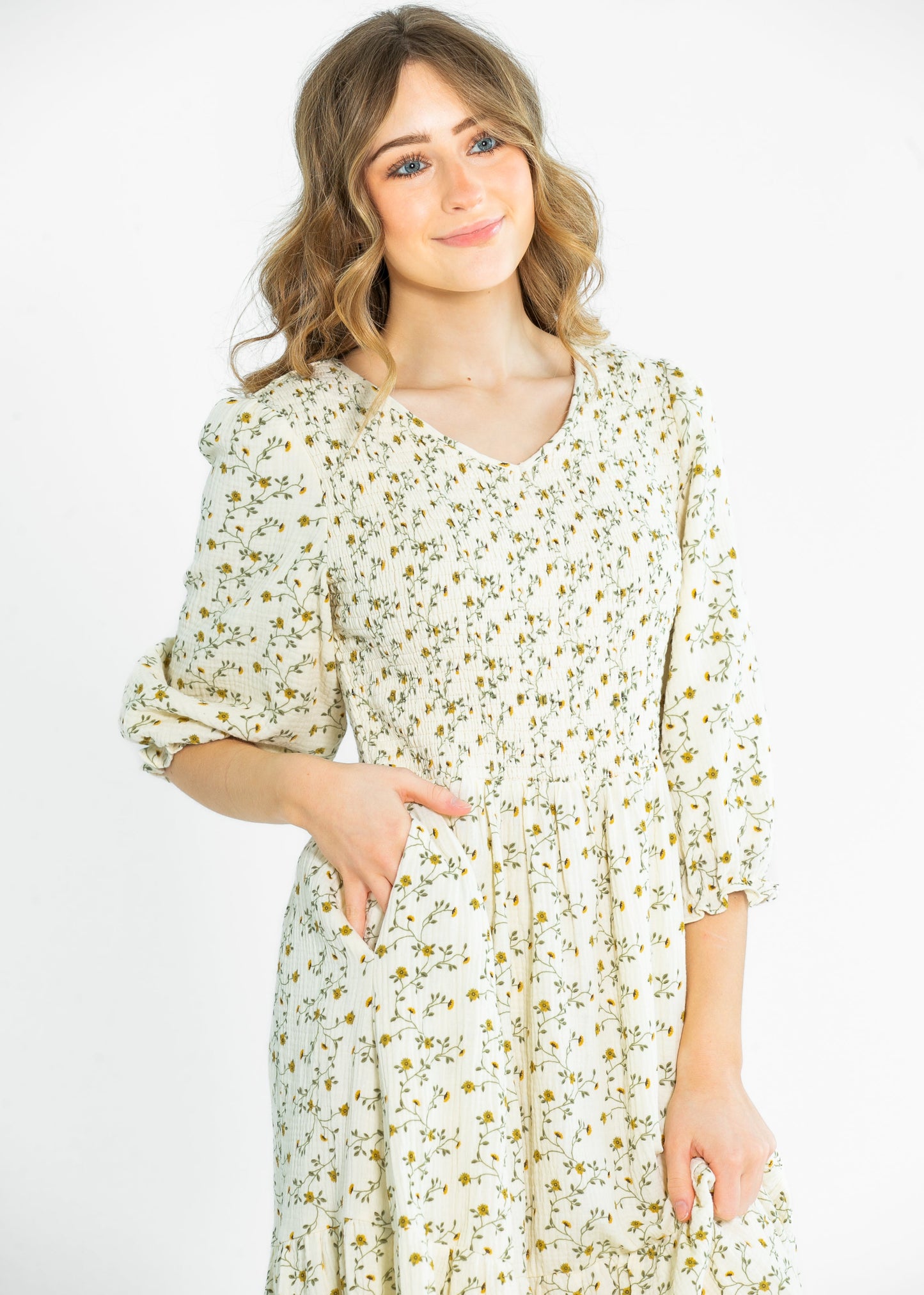 Flora 3/4 Puff Sleeve Smocked Midi Dress IC Dresses