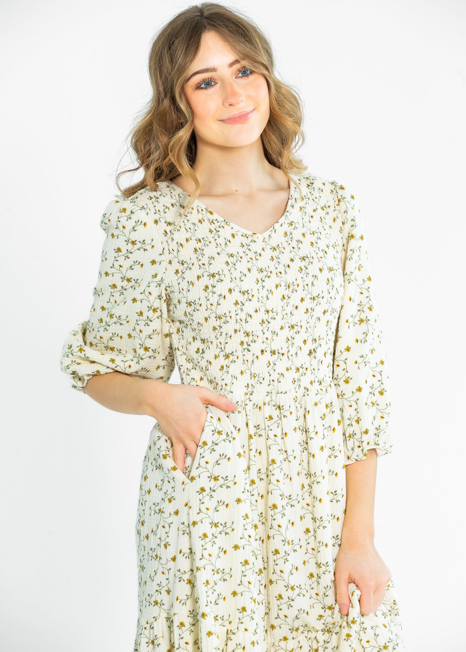 Flora 3/4 Puff Sleeve Smocked Midi Dress IC Dresses