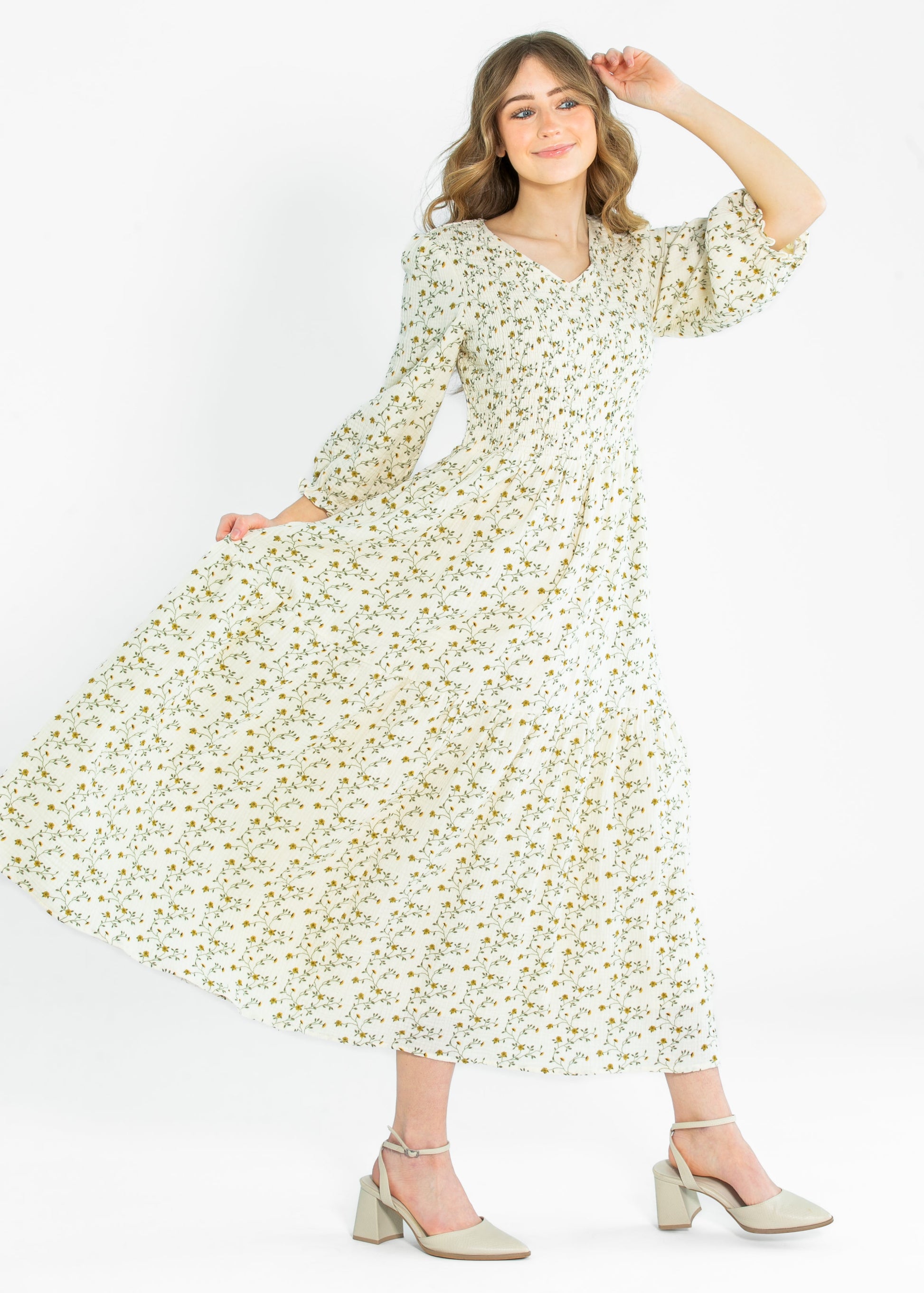 Flora 3/4 Puff Sleeve Smocked Midi Dress IC Dresses